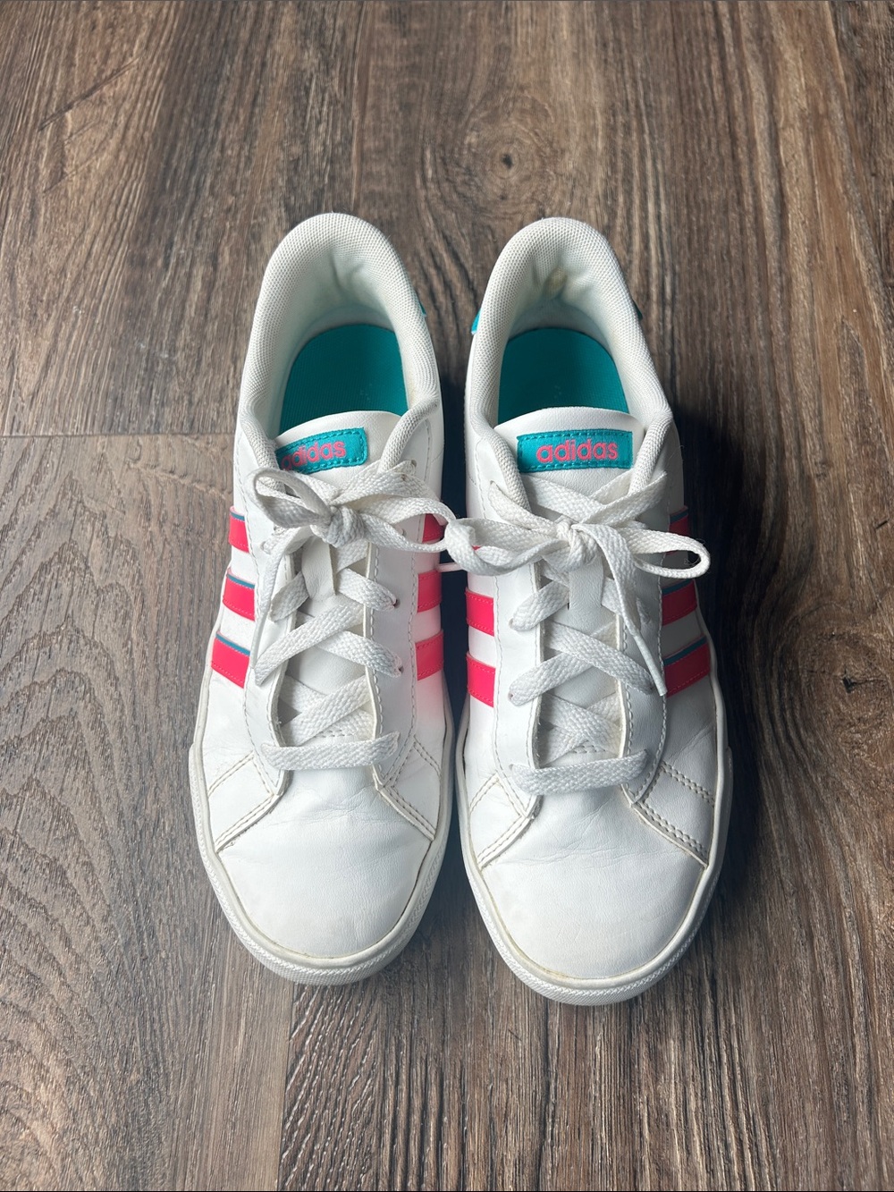adidas White Sneakers with Pink and teal Accent Stripes Size 6